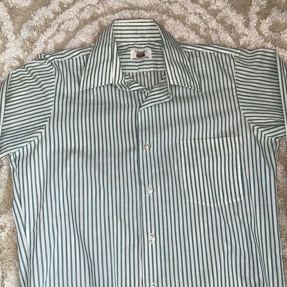 Vintage Manhattan Dura Brite Men’s Shirt Green Striped 60s Button 14.5-32 - Picture 2 of 9